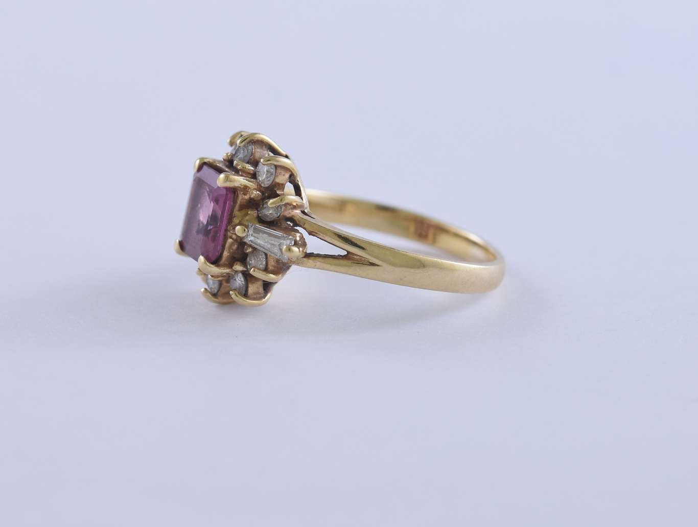 Emerald cut ruby and diamond ting set in 14k yellow gold